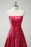 Fuchsia Floral A Line Strapless Brocade Long Prom Dress with Slit