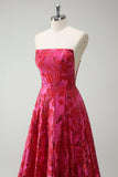 Fuchsia Floral A Line Strapless Brocade Long Prom Dress with Slit