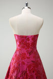 Fuchsia Floral A Line Strapless Brocade Long Prom Dress with Slit