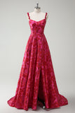 Fuchsia Floral A-Line Spaghetti Straps Jacquard Long Prom Dress with Slit