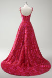 Fuchsia Floral A-Line Spaghetti Straps Jacquard Long Prom Dress with Slit