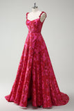 Fuchsia Floral A-Line Spaghetti Straps Jacquard Long Prom Dress with Slit