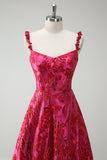 Fuchsia Floral A-Line Spaghetti Straps Jacquard Long Prom Dress with Slit