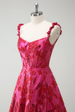 Fuchsia Floral A-Line Spaghetti Straps Jacquard Long Prom Dress with Slit