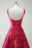 Fuchsia Floral A-Line Spaghetti Straps Jacquard Long Prom Dress with Slit