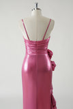 Fuchsia Sheath Strapless Ruched 3D floral Metallic Prom Dress with Ruffled Slit