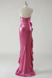 Fuchsia Sheath Strapless Ruched 3D floral Metallic Prom Dress with Ruffled Slit