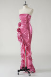 Fuchsia Sheath Strapless Ruched 3D floral Metallic Prom Dress with Ruffled Slit