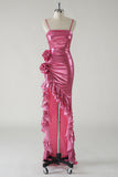 Fuchsia Sheath Strapless Ruched 3D floral Metallic Prom Dress with Ruffled Slit