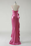 Fuchsia Sheath Strapless Ruched 3D floral Metallic Prom Dress with Ruffled Slit