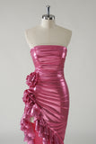 Fuchsia Sheath Strapless Ruched 3D floral Metallic Prom Dress with Ruffled Slit