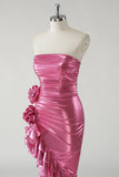 Fuchsia Sheath Strapless Ruched 3D floral Metallic Prom Dress with Ruffled Slit