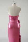 Fuchsia Sheath Strapless Ruched 3D floral Metallic Prom Dress with Ruffled Slit