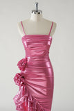 Fuchsia Sheath Strapless Ruched 3D floral Metallic Prom Dress with Ruffled Slit