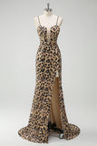 Khaki Leopard Mermaid Sparkly Sequins Spaghetti Straps Long Corset Dress with Slit