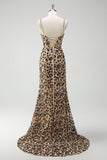 Khaki Leopard Mermaid Sparkly Sequins Spaghetti Straps Long Corset Dress with Slit