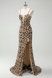 Khaki Leopard Mermaid Sparkly Sequins Spaghetti Straps Long Corset Dress with Slit