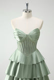 Green Princess Sweetheart Satin Tiered Corset Long Prom Dress with Slit