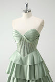 Green Princess Sweetheart Satin Tiered Corset Long Prom Dress with Slit