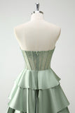 Green Princess Sweetheart Satin Tiered Corset Long Prom Dress with Slit