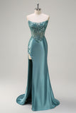 Sparkly Grey Green Strapless Mermaid Sheer Corset Sequin Long Prom Dress with Slit