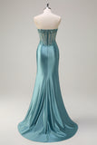 Sparkly Grey Green Strapless Mermaid Sheer Corset Sequin Long Prom Dress with Slit