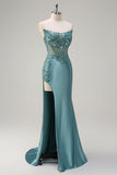 Sparkly Grey Green Strapless Mermaid Sheer Corset Sequin Long Prom Dress with Slit