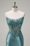 Sparkly Grey Green Strapless Mermaid Sheer Corset Sequin Long Prom Dress with Slit