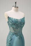 Sparkly Grey Green Strapless Mermaid Sheer Corset Sequin Long Prom Dress with Slit