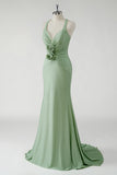 Green Sheath V Neck Ruched Long Prom Dress with 3D Flowers