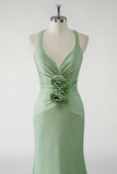 Green Sheath V Neck Ruched Long Prom Dress with 3D Flowers