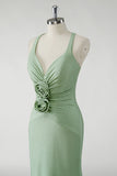 Green Sheath V Neck Ruched Long Prom Dress with 3D Flowers