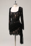 Black Sheath Ruched Watteau Train Long Sleeves Corset Homecoming Dress With Lace