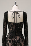 Black Sheath Ruched Watteau Train Long Sleeves Corset Homecoming Dress With Lace