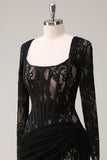 Black Sheath Ruched Watteau Train Long Sleeves Corset Homecoming Dress With Lace