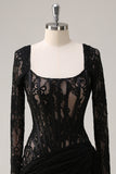 Black Sheath Ruched Watteau Train Long Sleeves Corset Homecoming Dress With Lace