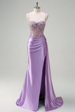 Sparkly Purple Mermaid Watteau Train Corset Beaded Long Prom Dress with Slit