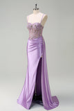 Sparkly Purple Mermaid Watteau Train Corset Beaded Long Prom Dress with Slit