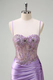 Sparkly Purple Mermaid Watteau Train Corset Beaded Long Prom Dress with Slit