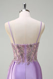 Sparkly Purple Mermaid Watteau Train Corset Beaded Long Prom Dress with Slit