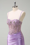 Sparkly Purple Mermaid Watteau Train Corset Beaded Long Prom Dress with Slit