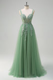 Green Tulle A-Line Spaghetti Straps Corset Sequin Long Prom Dress with Appliques