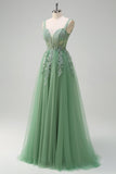 Green Tulle A-Line Spaghetti Straps Corset Sequin Long Prom Dress with Appliques