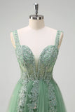 Green Tulle A-Line Spaghetti Straps Corset Sequin Long Prom Dress with Appliques