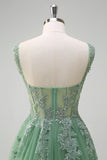 Green Tulle A-Line Spaghetti Straps Corset Sequin Long Prom Dress with Appliques