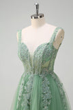 Green Tulle A-Line Spaghetti Straps Corset Sequin Long Prom Dress with Appliques