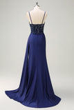 Navy Blue Mermaid Ruched Spaghetti Straps Long Prom Dress with Slit