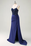 Navy Blue Mermaid Ruched Spaghetti Straps Long Prom Dress with Slit