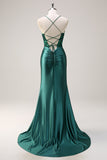 Sparkly Dark Green Halter Corset Mermaid Long Prom Dress With Slit