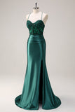 Sparkly Dark Green Halter Corset Mermaid Long Prom Dress With Slit